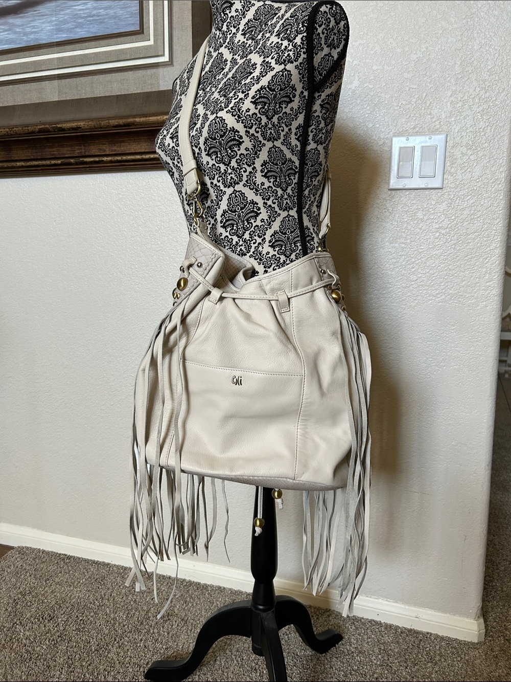 Carlos Falchi Ivory Leather Fringe Shoulder Bag